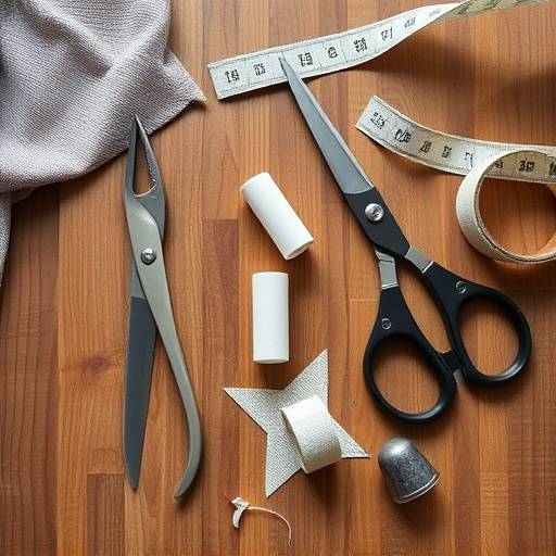 A collection of fine tailoring tools, including shears, chalk, measuring tapes, and a thimble, laid out neatly on a wooden surface.