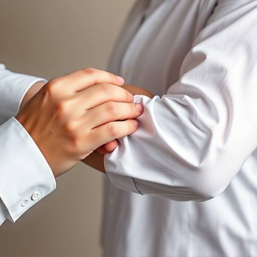 A tailor meticulously measuring a client's arm for a custom shirt sleeve, with measuring tape and pins visible.